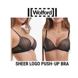 NEW Wolford Black Mesh Patterned SHEER LOGO PUSH-UP BRA